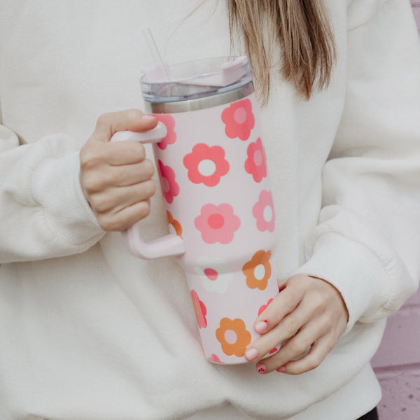Pink Flower Groovy Checkered Tumbler W/ Handle – Belle Lees Boutique