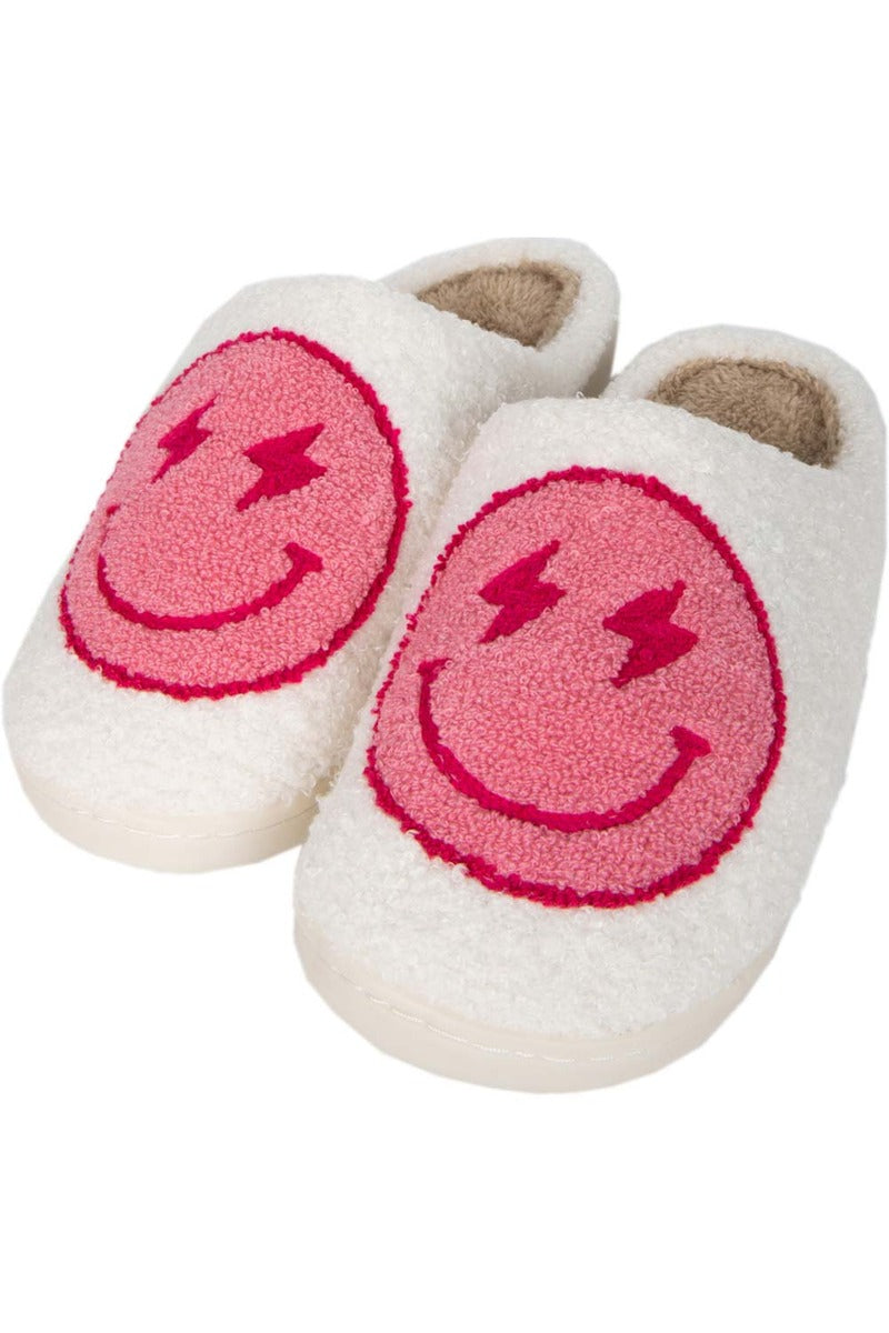 Pink And White Lightning Happy Face Wholesale Fuzzy Slippers