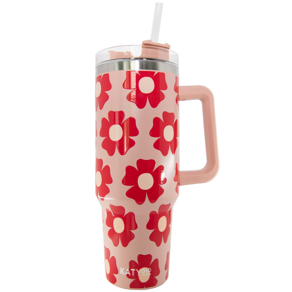 Red Flower Happy Face Wholesale Tumbler Cup w/ Handle