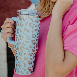 Hot Pink Metallic Leopard Tumbler Cup with Handle