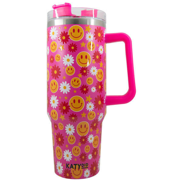 Red Flower Happy Face Wholesale Tumbler Cup w/ Handle