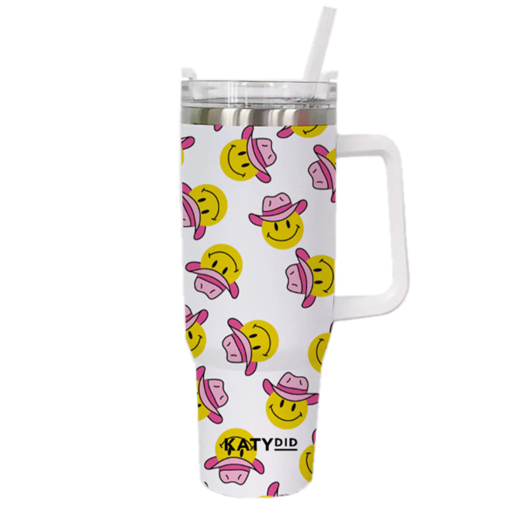 Pastel Happy Face Tumbler Cup with Handle and Straw