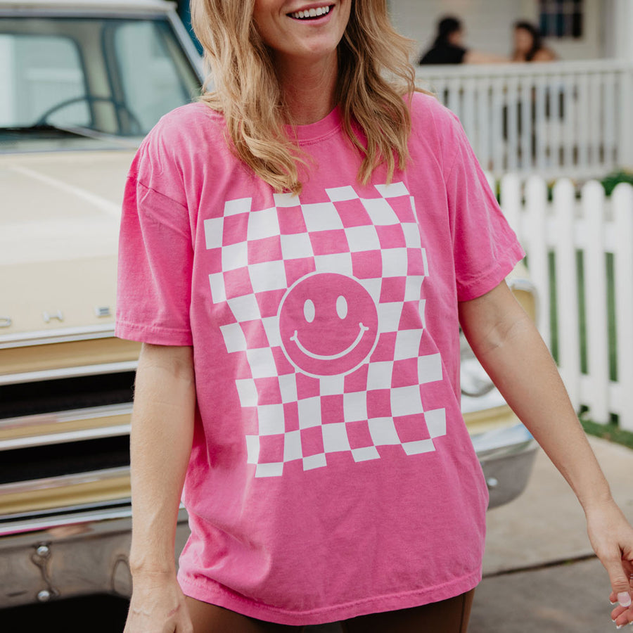 Checkered Pattern Happy Face T-Shirt