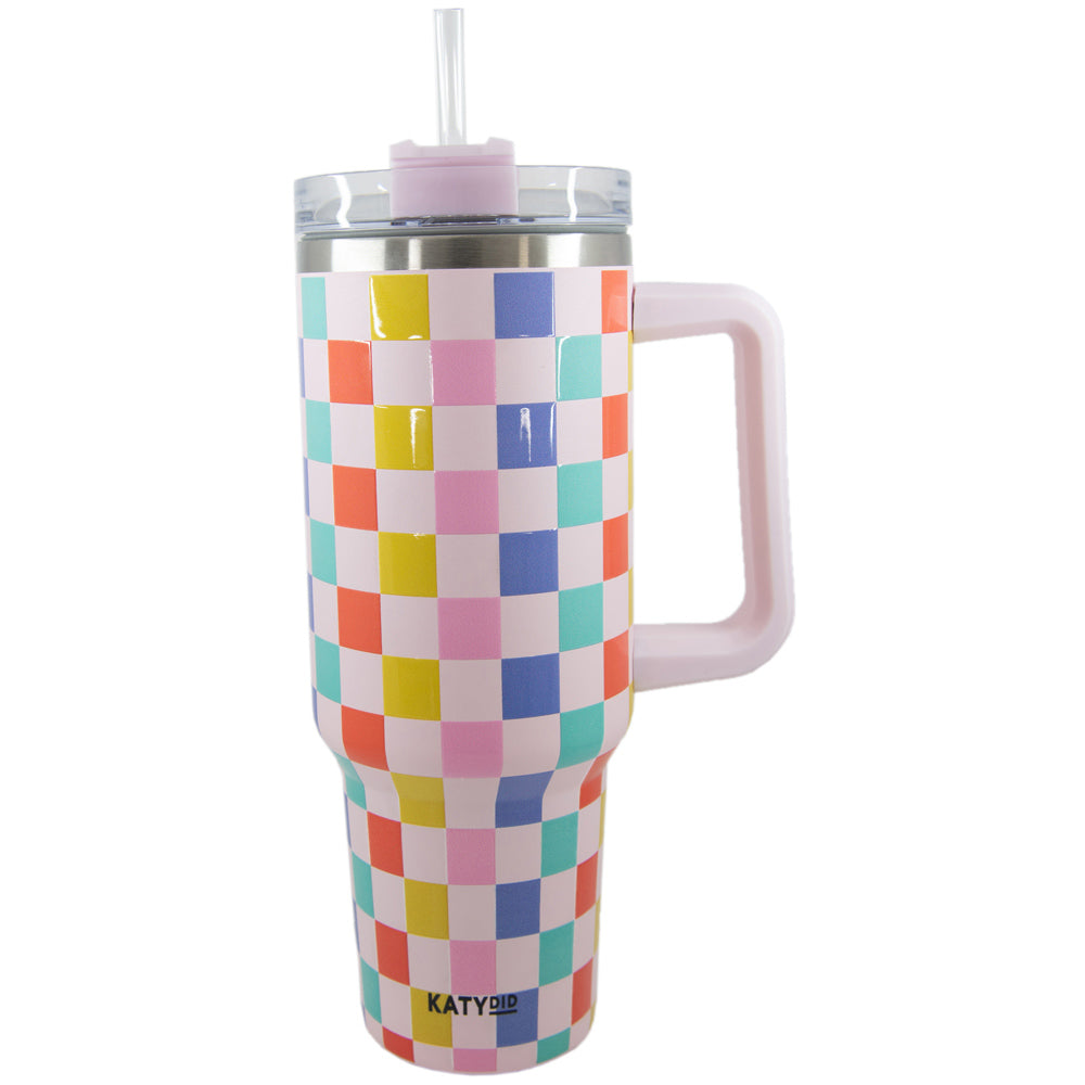 Pink Flower Groovy Checkered Wholesale Tumbler with Straw and Handle