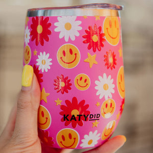 Red Flower Happy Face Wholesale Tumbler Cup w/ Handle